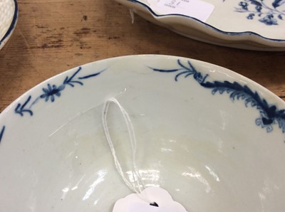 Lot 31 - Mid 18th century Worcester blue and white porcelain sugar bowl, together with  18th century Worcester porcelain shaped circular blue and white dish, restored crescent mark, and  18th century Worces...