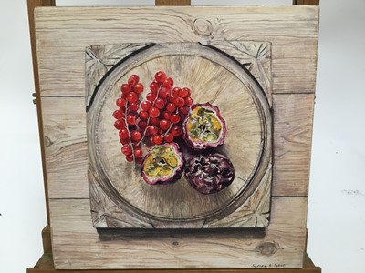 Lot 63 - Sydney A. Sykes, contemporary, oil on board - still life with passion fruit and redcurrants, signed, titled verso, 26cm sqaure