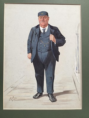 Lot 77 - An Edwardian English School watercolour illustration - portrait of a college porter, initialled P.J.B. '03, framed, 36cm x 26cm