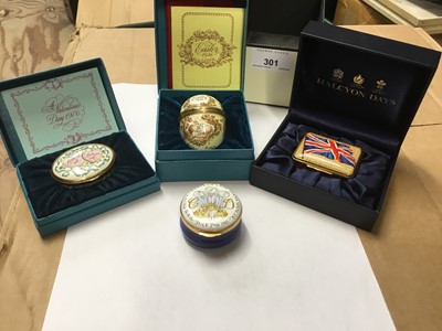 Lot 301 - Halcyon days enamel boxes-Easter 1976 boxed with certificate, Valentines Day 1976 boxed with certificate,  Roquette Family shareholders visit to Roquette UK Ltd-Sept 2014 boxed with certificate, Ro...