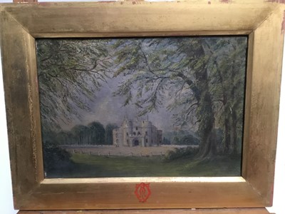 Lot 83 - Lady Mary Phillips, early 20th century, oil on board - a castellated country house, in gilt frame with painted monogram, 17cm x 24cm