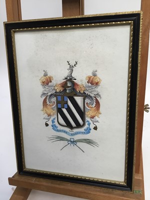 Lot 84 - An antique watercolour and gilded armorial for the Noyes family, with motto 'Agendo Gnaviter', in glazed frame, 32cm x 24cm