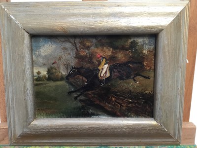 Lot 86 - J. S. Archer, mid 19th century oil on panel - jockey and horse, entitled 'The Leap', signed and titled verso, framed, 13cm x 18cm