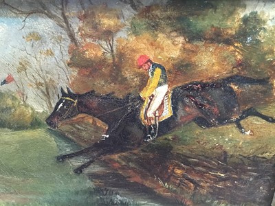 Lot 86 - J. S. Archer, mid 19th century oil on panel - jockey and horse, entitled 'The Leap', signed and titled verso, framed, 13cm x 18cm