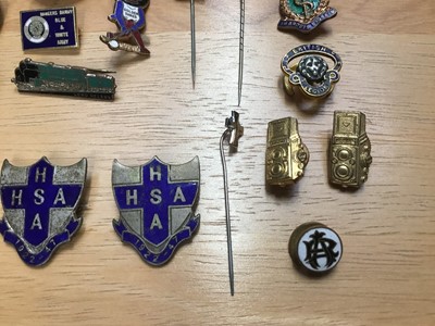 Lot 308 - Vintage badges -mostly enamel selection including 1932 Sydney Harbour Bridge, Woman's league of health and beauty, eastern Counties Buses, various railway, Golden shred and others