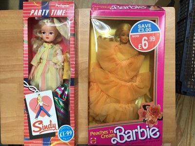 Lot 311 - 1980s Barbie ' Peaches n cream' doll boxed with accessories and spinner etc, and 1980s Sindy Party time doll 42006 with additional outfit (2)