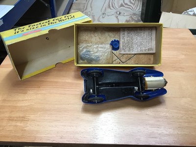 Lot 313 - Jetex Jet propelled racing car in original box in blue and white livery.