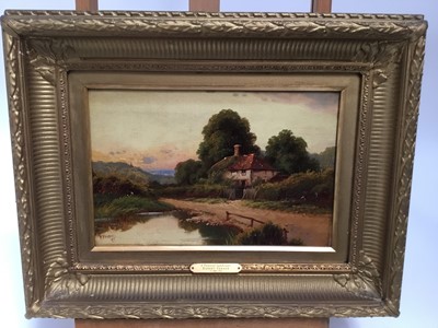 Lot 108 - Robert Fenson (act.1880-1920) oil on canvas - a pastoral scene with a cottage beside a pond, signed and dated '97, in gilt frame, 19cm x 29cm