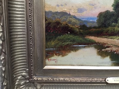 Lot 108 - Robert Fenson (act.1880-1920) oil on canvas - a pastoral scene with a cottage beside a pond, signed and dated '97, in gilt frame, 19cm x 29cm