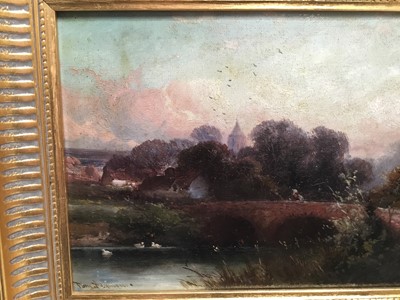 Lot 110 - Tom Seymour (1844-1904) oil on canvas laid on board - river landscape with figures near a bridge and cottage, signed, in gilt frame, 18cm x 38cm