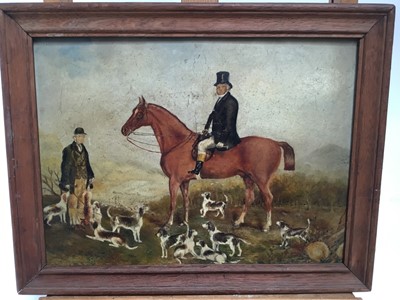 Lot 112 - English School, 19th century, naive oil on board - hunting scene with a master on his chestnut horse and whipper-in beside with hounds, in oak frame, 22cm x 29cm