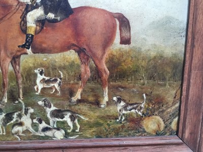 Lot 112 - English School, 19th century, naive oil on board - hunting scene with a master on his chestnut horse and whipper-in beside with hounds, in oak frame, 22cm x 29cm