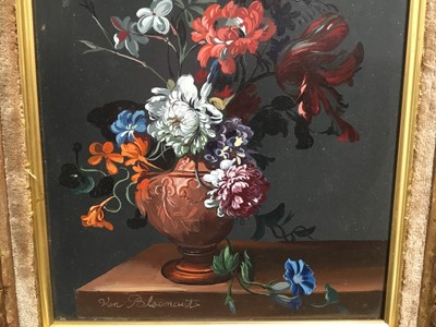 Lot 113 - F. Van Bloemart, oil on board - still life with flowers in an urn on a table, in gilt and velvet frame, 24cm x 19cm