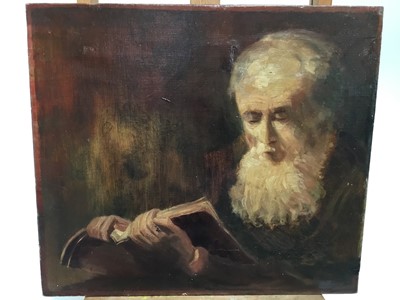 Lot 114 - English School, 19th century, oil on canvas - portrait of Charles Darwin reading a book, unframed, 36cm x 41cm