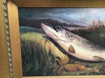 Lot 115 - English School, circa 1904, oil on board - a landed Pike, inscribed verso 'Caught at Littleport by G. P. Holt, 15lbs 3ozs. 1904', in gilt frame, 20cm x 46cm