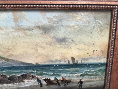 Lot 117 - English School, 19th century, oil on canvas - St. Albans Bay, Jersey, inscribed, in gilt frame, 19cm x 29cm
