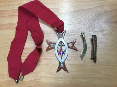 Lot 333 - Silver and enamel society/Masonic neck badge by Thomas Fattorini and silver Gurkha kukri brooch (2)