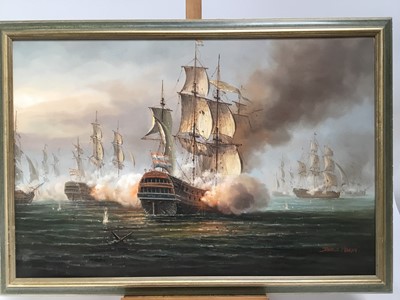 Lot 119 - James Hardy, 20th century, oil on canvas laid on board - a sea battle, signed, framed, 50cm x 75cm