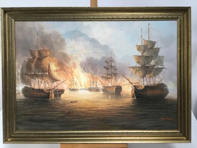 Lot 120 - James Hardy, 20th century, oil on canvas laid on board - a sea battle off the coast, signed, in gilt frame, 50cm x 75cm