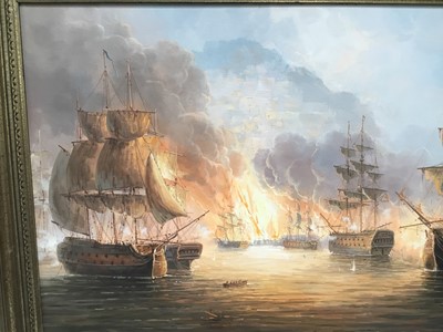 Lot 120 - James Hardy, 20th century, oil on canvas laid on board - a sea battle off the coast, signed, in gilt frame, 50cm x 75cm