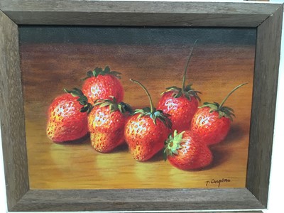 Lot 123 - Tom Caspers, oil on canvas laid on board - still life of strawberries, signed, framed, 19cm x 26cm