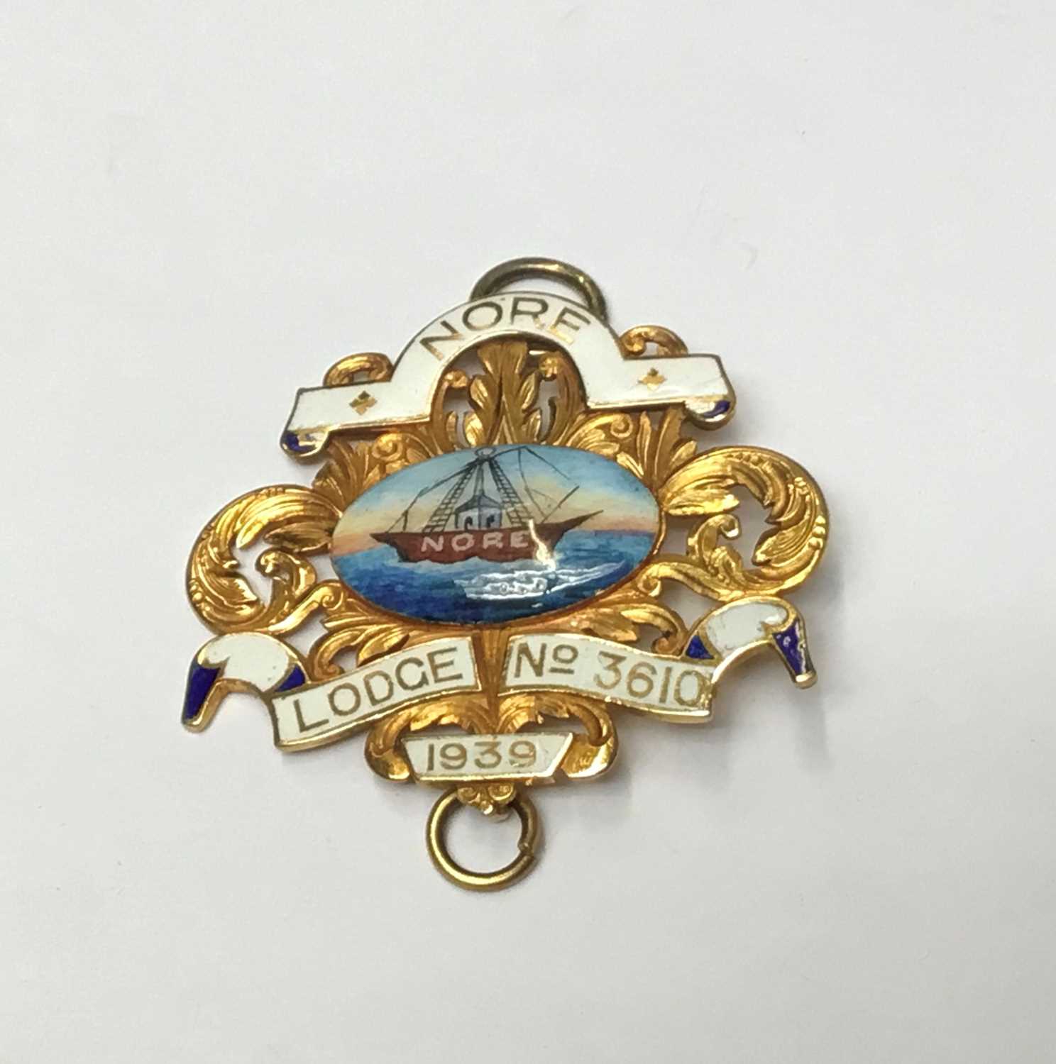 Lot 178 - Good quality yellow metal and enamel Masonic Jewel, Nore Lodge No. 3610, 1939. Measures 47mm wide.