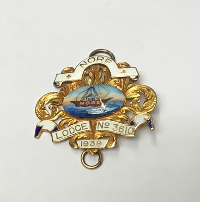 Lot 279 - Good quality yellow metal and enamel Masonic Jewel, Nore Lodge No. 3610, 1939. Measures 47mm wide.