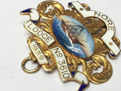 Lot 178 - Good quality yellow metal and enamel Masonic Jewel, Nore Lodge No. 3610, 1939. Measures 47mm wide.
