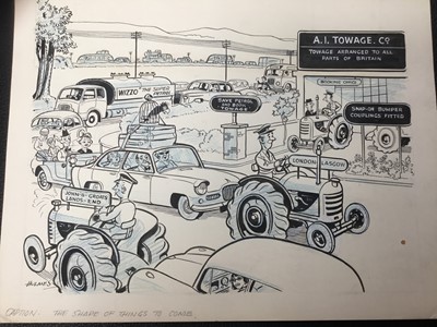 Lot 44 - J. Holmes (mid 20th century) group of pen and ink illustrations, advertising work and cartoons, all unframed (18)