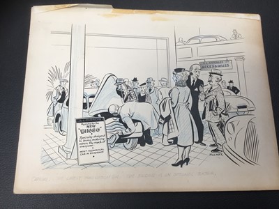 Lot 44 - J. Holmes (mid 20th century) group of pen and ink illustrations, advertising work and cartoons, all unframed (18)