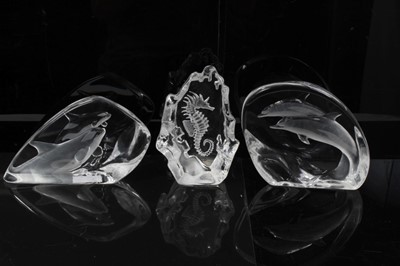 Lot 853 - Three large Mats Jonasson Swedish glass intaglio sculptures