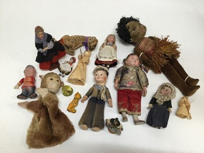 Lot 358 - Collection of toys including Dean's Rag Book Dismal Desmond, Norah Wellings fabric doll and sailor doll. German Herm Steiner small bisque head doll 20/5, small bisque head doll in national costume,...