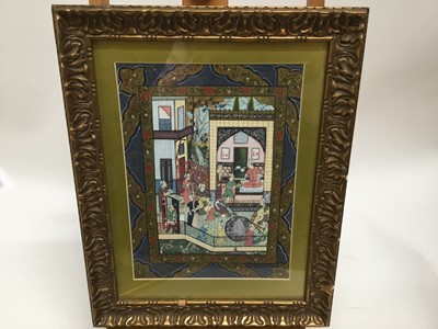 Lot 141 - Persian School, early/mid 20th century, mixed media on fabric panel - figures in a temple, in glazed gilt frame, 31cm x 23cm, together with another similar depicting three figures on horseback, 30c...
