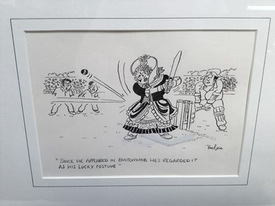 Lot 142 - Ken Pyne (b.1951) pen and ink cartoon - "Since he appeared in pantomime, he's regarded it as his lucky costume", signed and inscribed, in glazed gilt frame, 14.5cm x 20cm