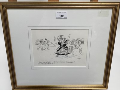 Lot 142 - Ken Pyne (b.1951) pen and ink cartoon - "Since he appeared in pantomime, he's regarded it as his lucky costume", signed and inscribed, in glazed gilt frame, 14.5cm x 20cm