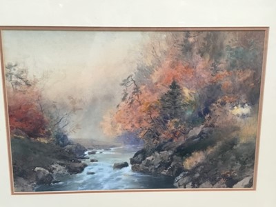 Lot 144 - Follower of Teranchi Manjiro (Japanese), signed watercolour - Autumnal river landscape, in glazed frame, 32cm x 37cm