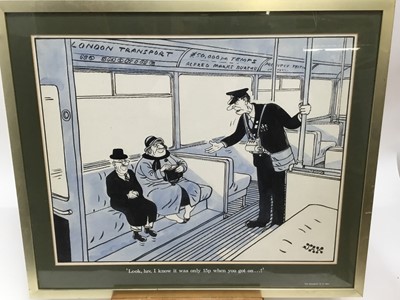 Lot 145 - Jak (Raymond Allen Jackson 1927-1997) ink and watercolour cartoon - "Look, luv, I know it was only 15p when you got on...!, signed, appeared in 'The Standard' on November 12th 1981, in glazed frame...