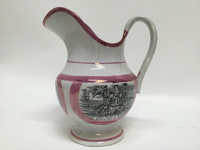 Lot 360 - Victorian pink lustre wash jug printed with 'The Sailors Farewell', The Flag That's Travelled a Thousand Years' and loyal verse, 26cm high