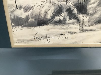 Lot 147 - Henri Verge-Sarrat (1880-1966) pen, ink and monochrome wash - Rural Landscape, signed and inscribed, in glazed frame, 35cm x 50cm