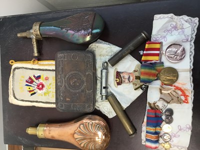 Lot 361 - First World War Princess Mary gift tin, medals, silk commemoratives ,two powder flasks and sundries