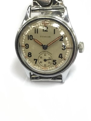 Lot 198 - WWII Timor military WWW wristwatch, the circular cream dial with luminous dot hour markers, black Arabic numerals and subsidiary seconds dial, in circular case, the back stamped with military broad...