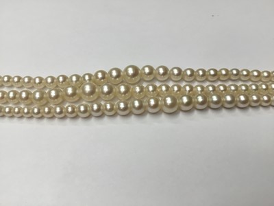 Lot 200 - Cultured pearl three strand choker necklace with three strings of graduated cultured pearls measuring approximately 2.3mm- 7.4mm, on an Art Deco style 9ct white gold and diamond set clasp. Length a...