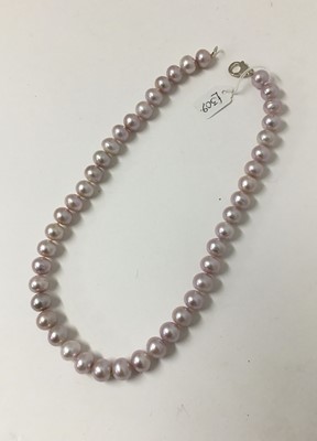 Lot 210 - Cultured freshwater pink pearl necklace with a string of 11.5-12.5mm diameter freshwater cultured pearls on a silver clasp with brushed finish, 50cm length