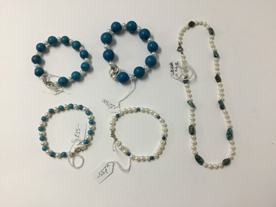 Lot 217 - Four freshwater cultured pearl and turquoise bead bracelets and similar necklace