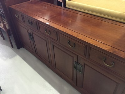 Lot 151 - Suite of Chinese rosewood furniture comprising extending dining table, sideboard and set of eight chairs.