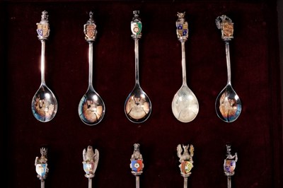 Lot 272 - Set of silver and enamelled 1977 Jubilee Queens Beast presentation spoons