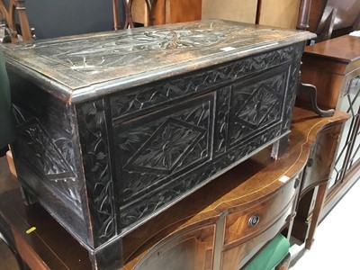 Lot 144 - 19th century carved oak coffer with planked top, 91 x 46 x 46cm