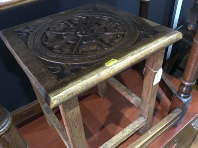 Lot 123 - Oak side table / stool carved with Tudor rose