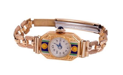 Lot 559 - 18ct gold and enamel ladies Art Deco cocktail watch, on plated bracelet