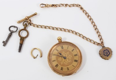 Lot 569 - 19th century 18ct gold fob watch, 10ct fob chain